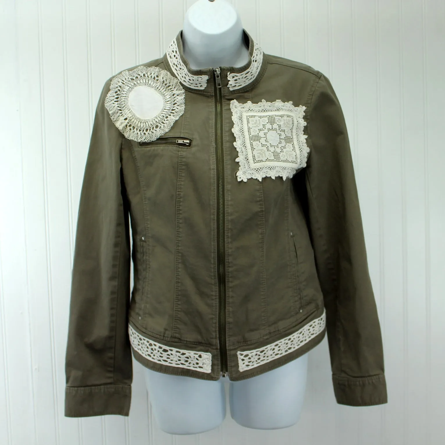 Express Cotton Jacket Mandarin Collar Enhanced Patzi Design Lace Doily Repurposed