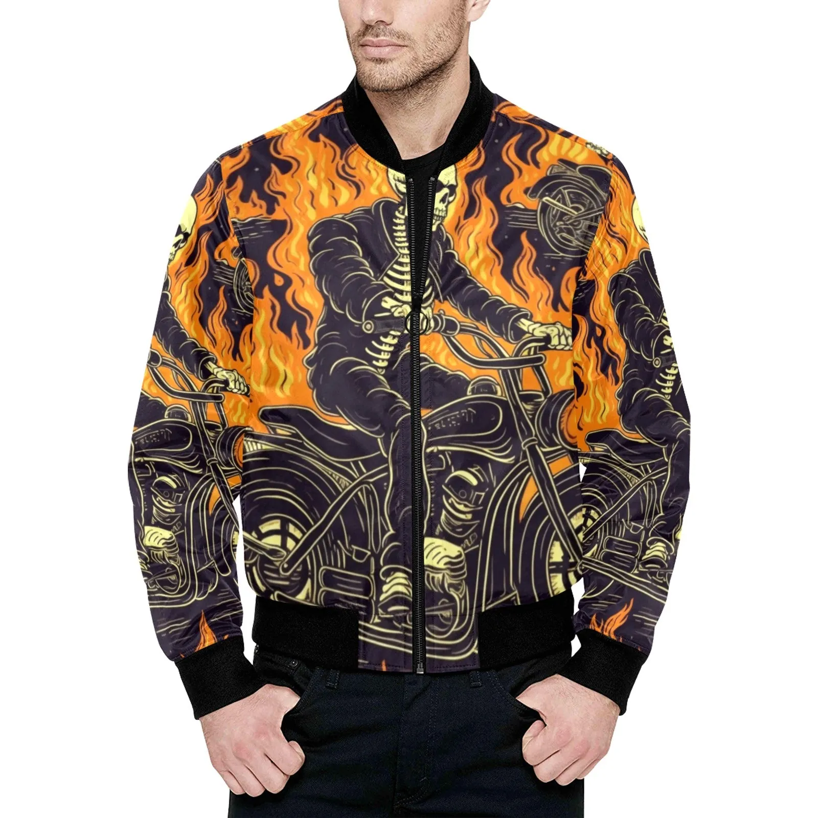 Flaming Skeleton Biker Bomber Jacket