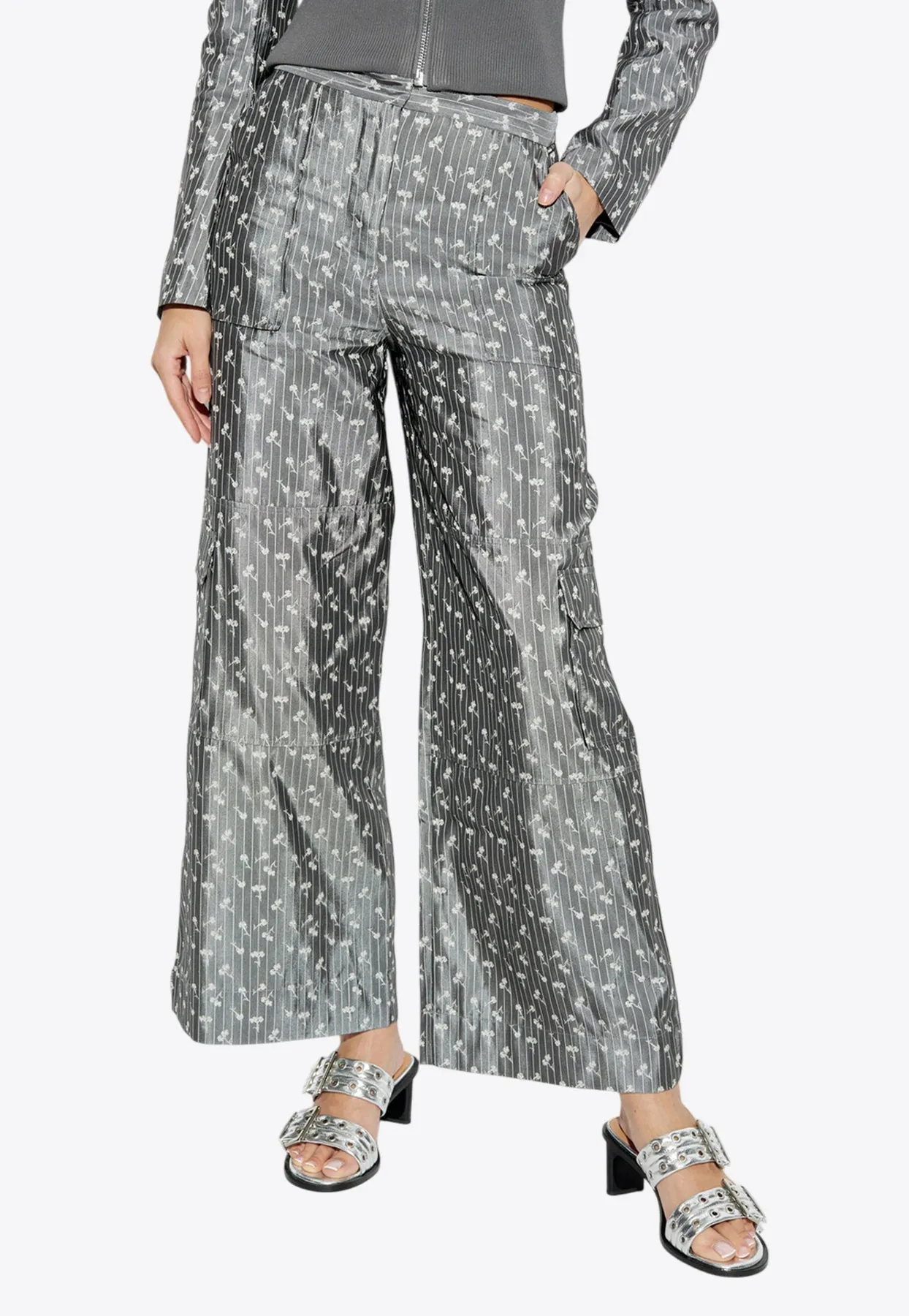 Floral Jacquard Wide-Leg Cargo Pants