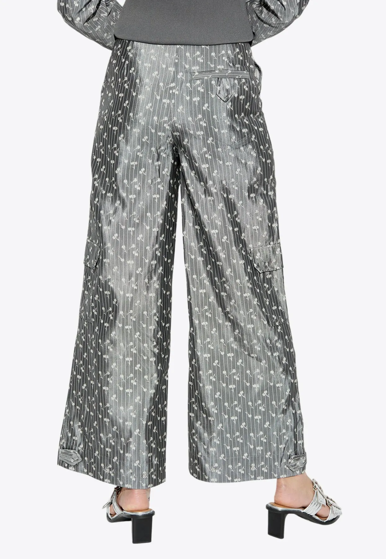 Floral Jacquard Wide-Leg Cargo Pants