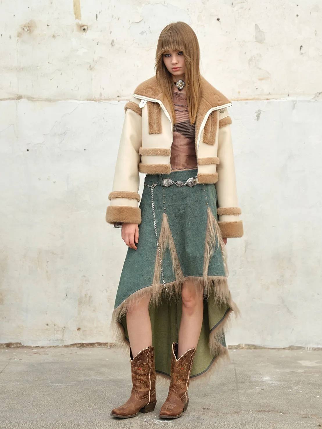 Furry Stitching Denim Fishtail Skirt