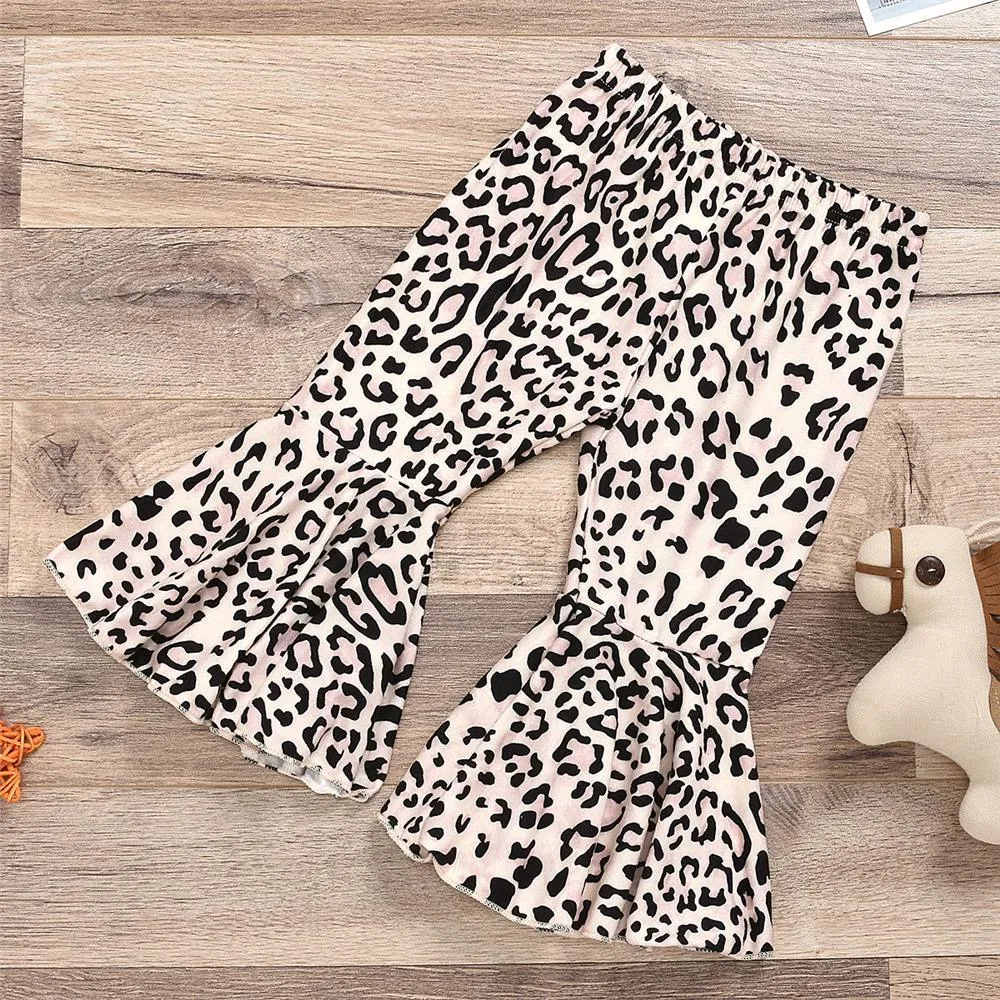 Girls Sleeveless Solid Color Tie Up Top & Leopard Flared Pants Wholesale Little Girls clothing