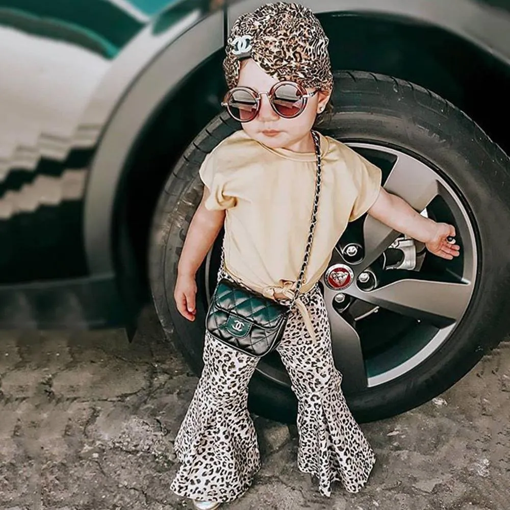 Girls Sleeveless Solid Color Tie Up Top & Leopard Flared Pants Wholesale Little Girls clothing