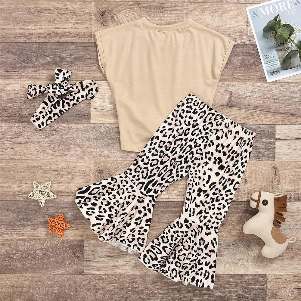 Girls Sleeveless Solid Color Tie Up Top & Leopard Flared Pants Wholesale Little Girls clothing