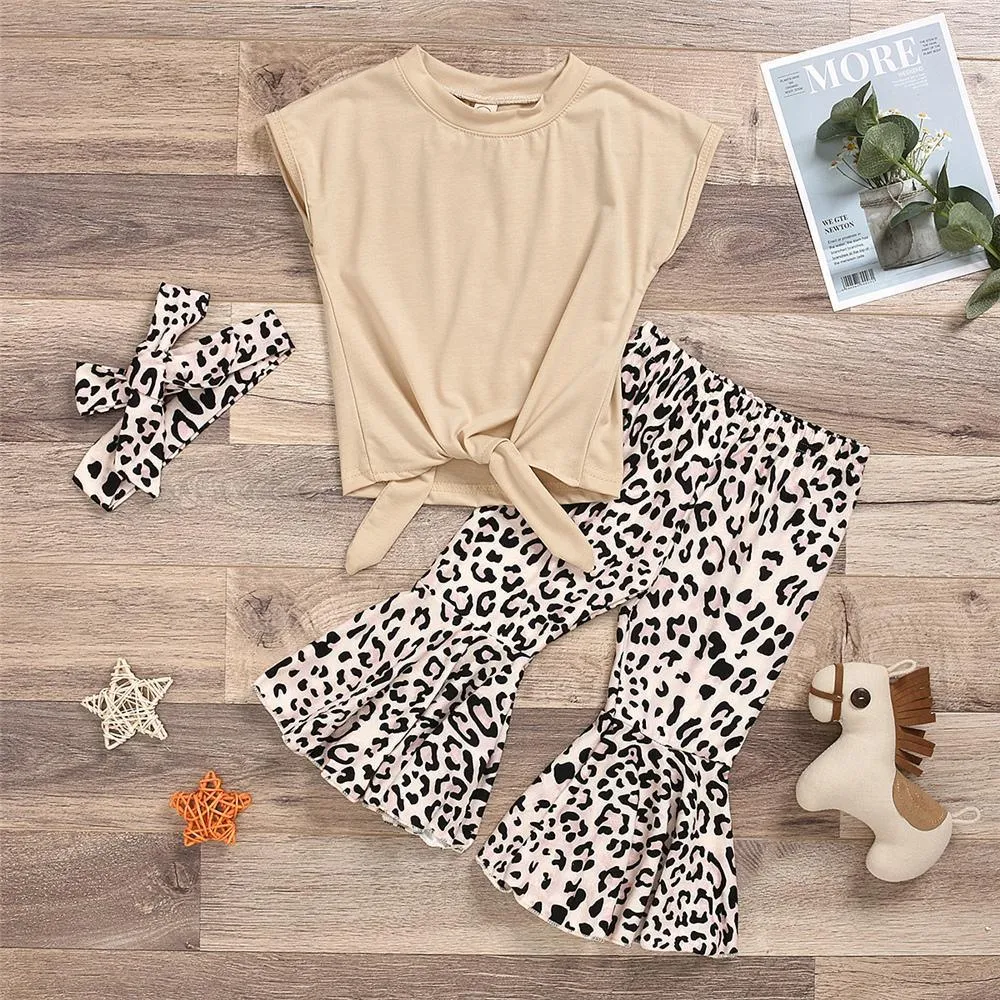 Girls Sleeveless Solid Color Tie Up Top & Leopard Flared Pants Wholesale Little Girls clothing