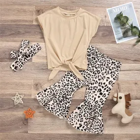 Girls Sleeveless Solid Color Tie Up Top & Leopard Flared Pants Wholesale Little Girls clothing
