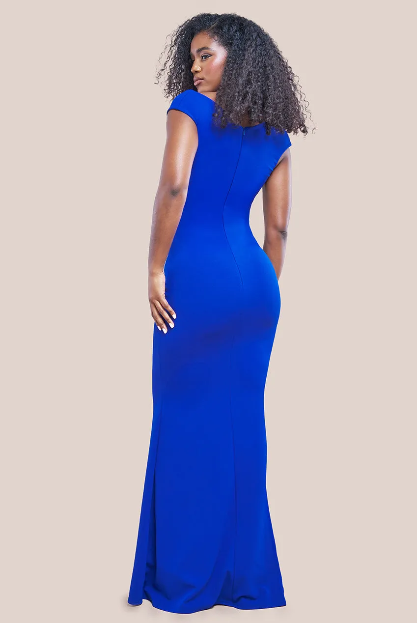 Goddiva Bardot Pleated Maxi Dress - Royal Blue