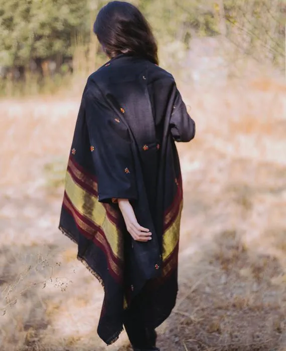 Handwoven and Embroidered Woolen Open Shawl Jacket