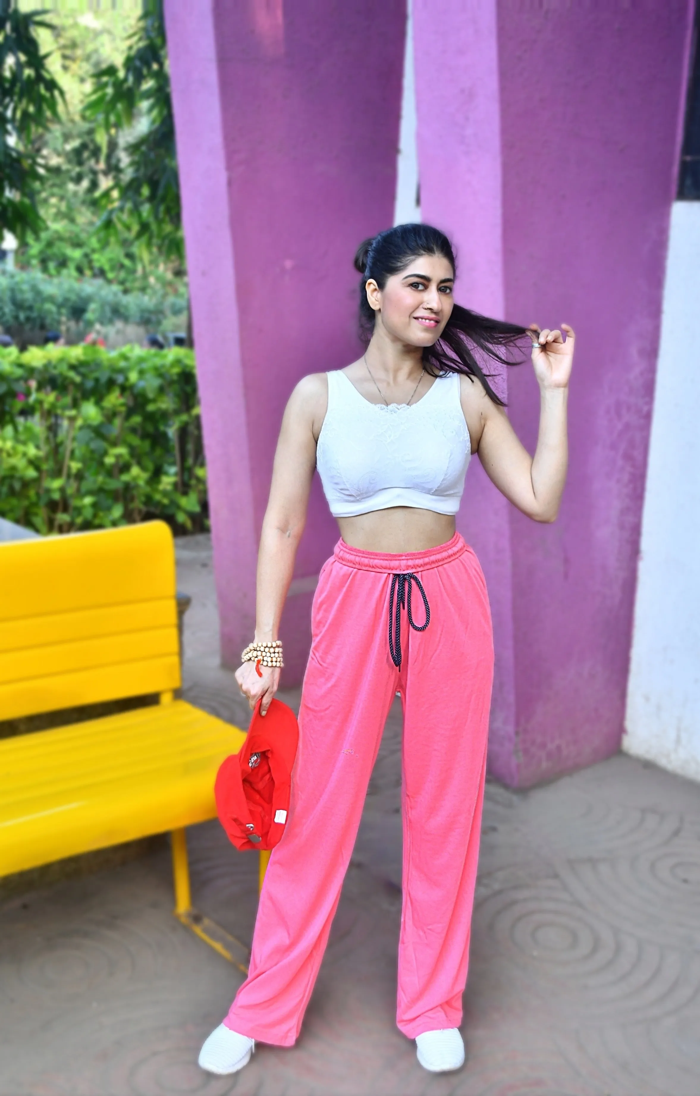 High Rise Cotton Straight Flame Pink Trackpants