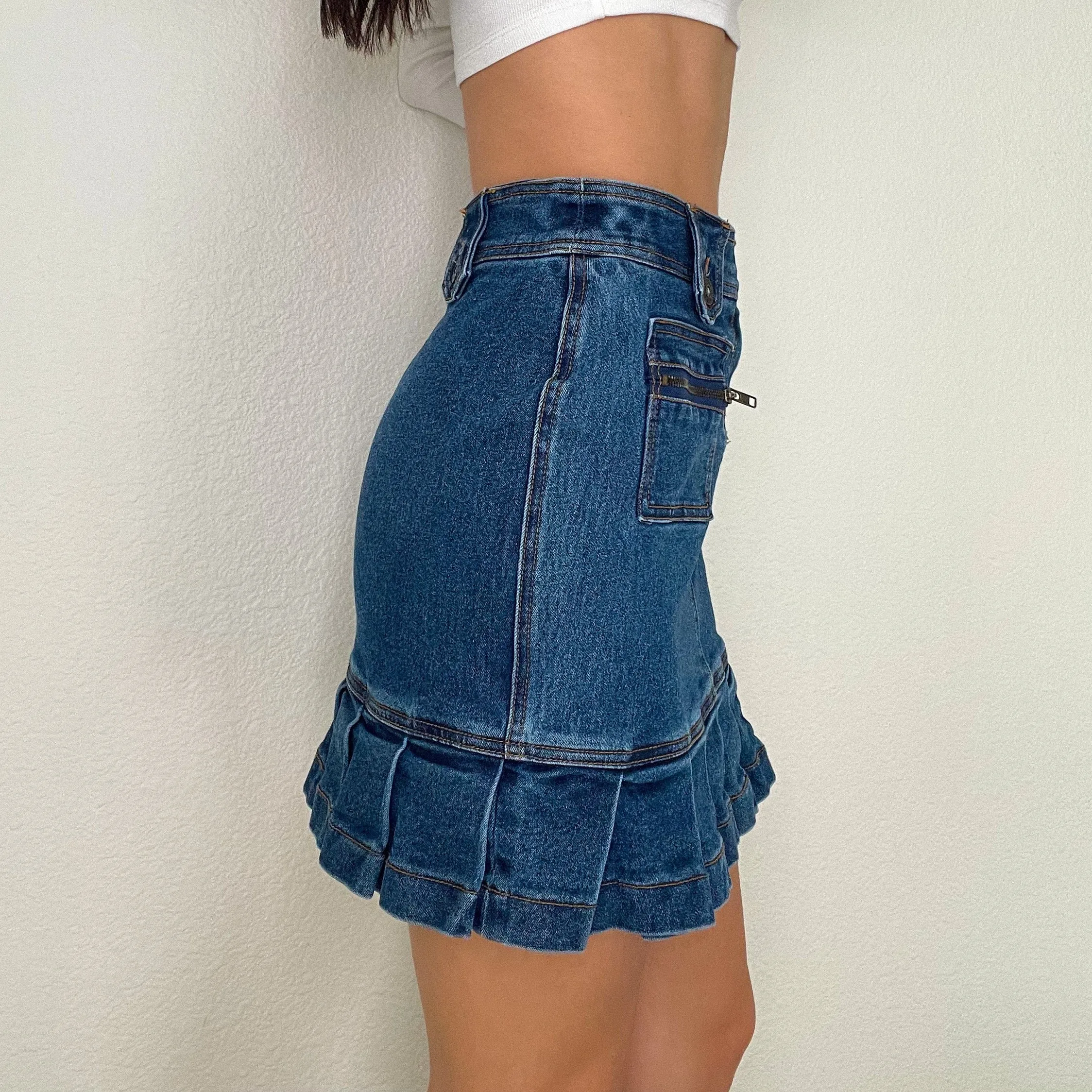 High Waist Denim Ruffle Skirt