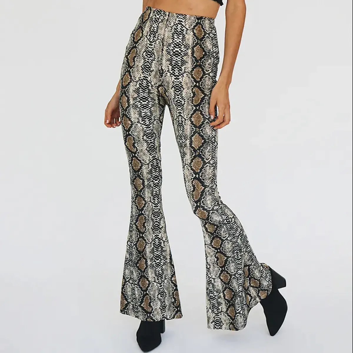 High Waisted Soft Touch Snake Print Flared Pants