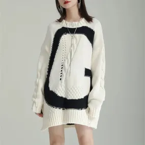 Hit Color Irregular Sweaters For Women Round Neck Long Sleeve Patchwork Zippers Knitting Loose Sweater Female