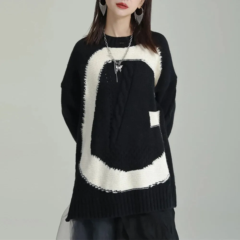 Hit Color Irregular Sweaters For Women Round Neck Long Sleeve Patchwork Zippers Knitting Loose Sweater Female