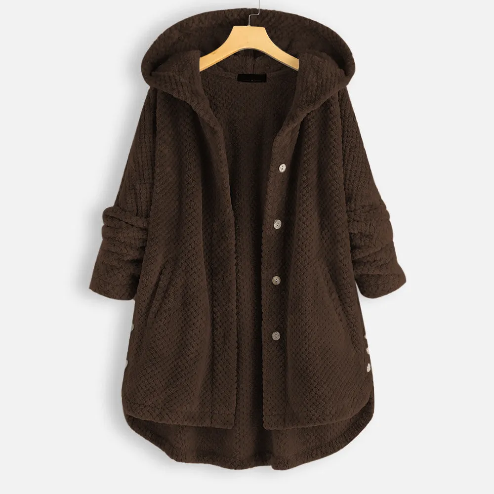 Hooded Faux Fur Coats for Women Long Teddy Bear Jacket Button Fluffy Pullover Loose Sweater