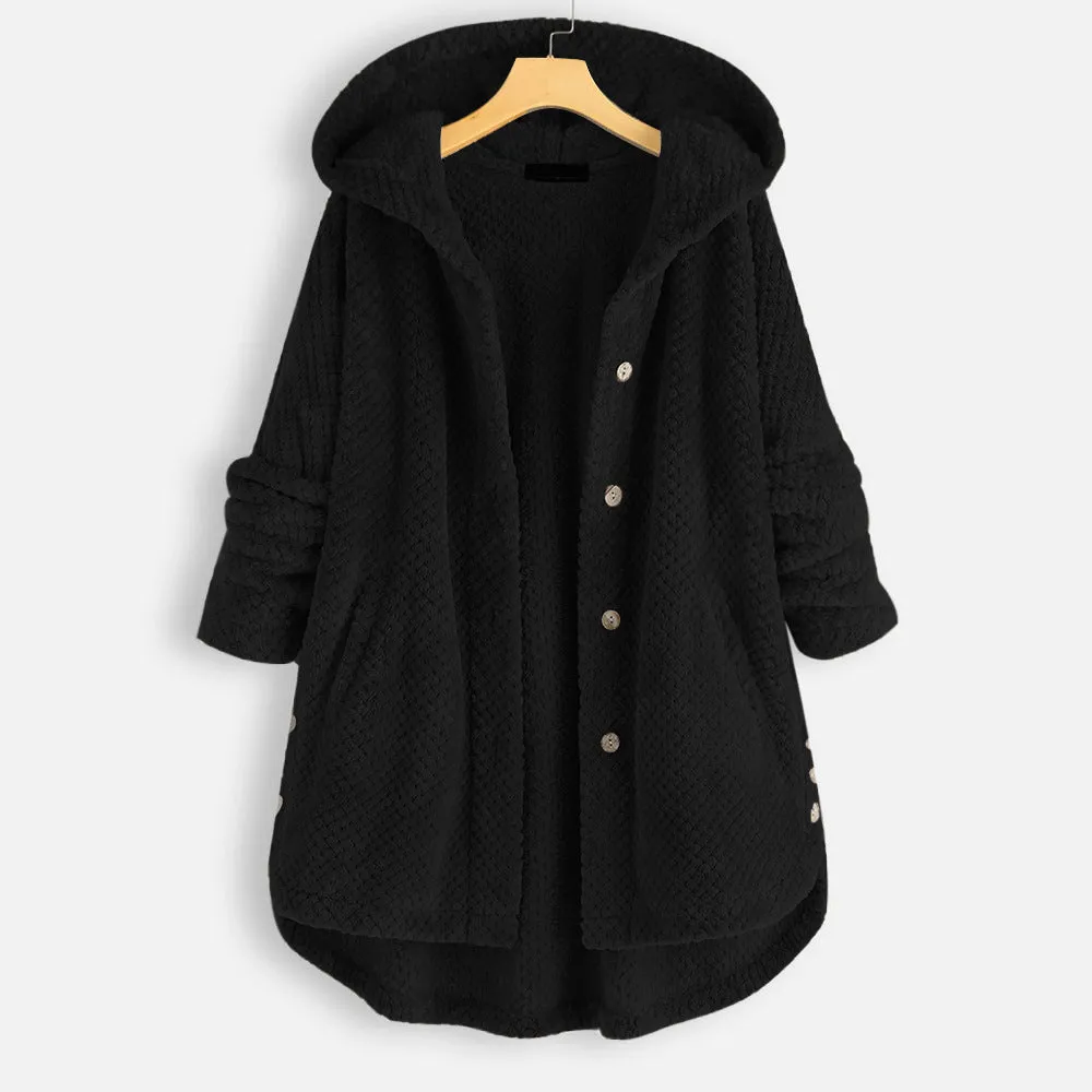 Hooded Faux Fur Coats for Women Long Teddy Bear Jacket Button Fluffy Pullover Loose Sweater