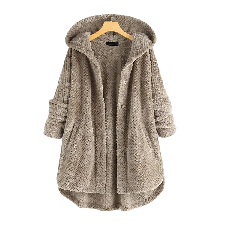 Hooded Faux Fur Coats for Women Long Teddy Bear Jacket Button Fluffy Pullover Loose Sweater
