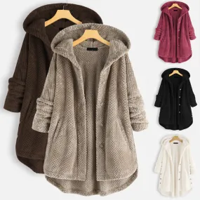 Hooded Faux Fur Coats for Women Long Teddy Bear Jacket Button Fluffy Pullover Loose Sweater
