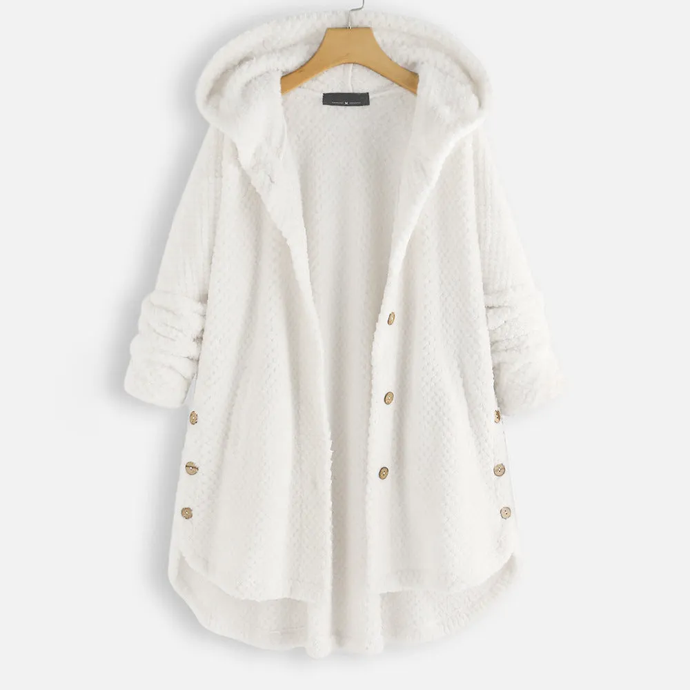 Hooded Faux Fur Coats for Women Long Teddy Bear Jacket Button Fluffy Pullover Loose Sweater