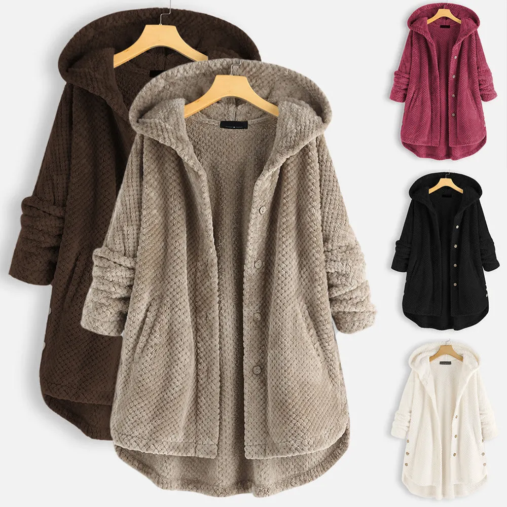 Hooded Faux Fur Coats for Women Long Teddy Bear Jacket Button Fluffy Pullover Loose Sweater