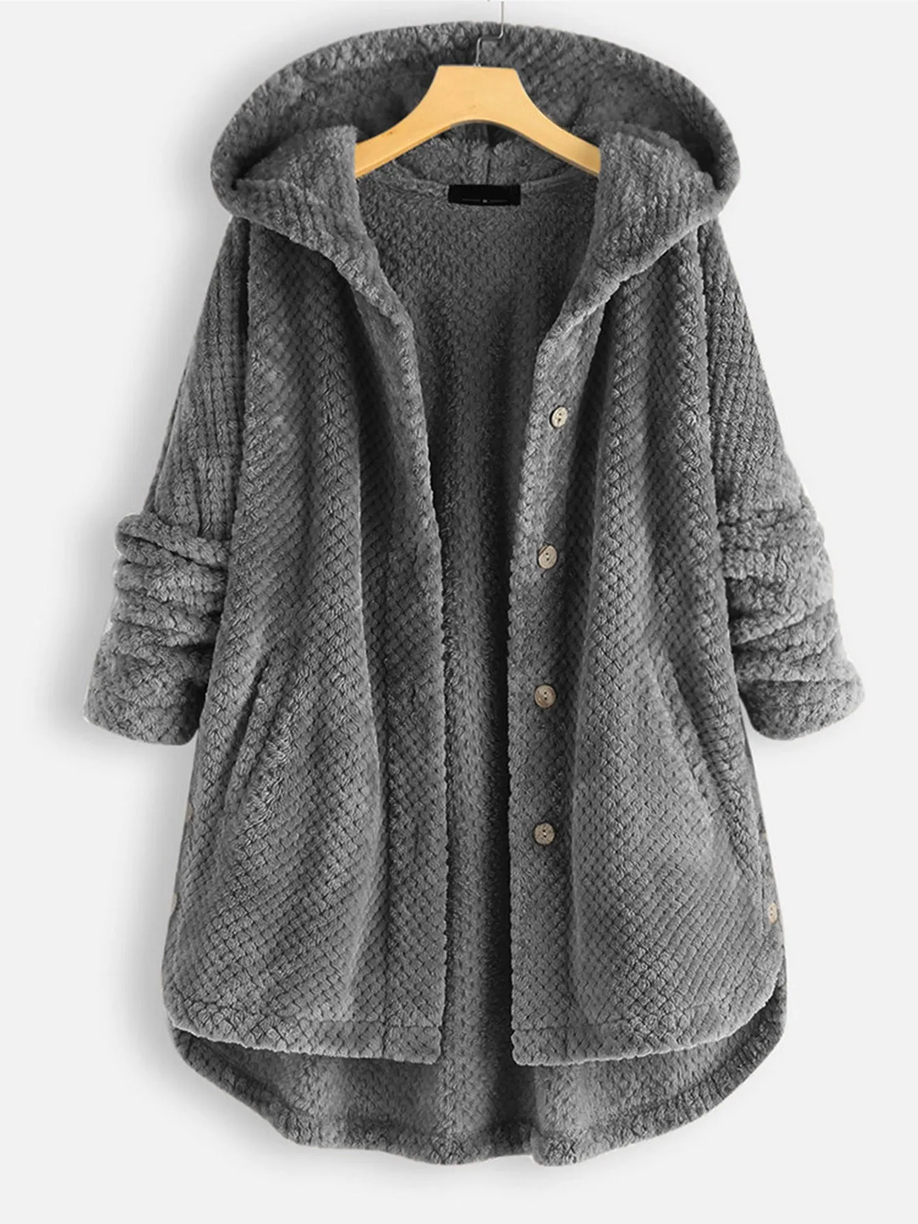 Hooded Faux Fur Coats for Women Long Teddy Bear Jacket Button Fluffy Pullover Loose Sweater