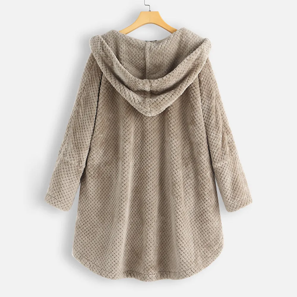 Hooded Faux Fur Coats for Women Long Teddy Bear Jacket Button Fluffy Pullover Loose Sweater
