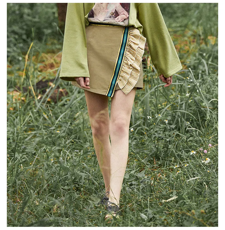 JAM PRINCESS WRAP FRONT MINI SKIRT IN CAMO GREEN