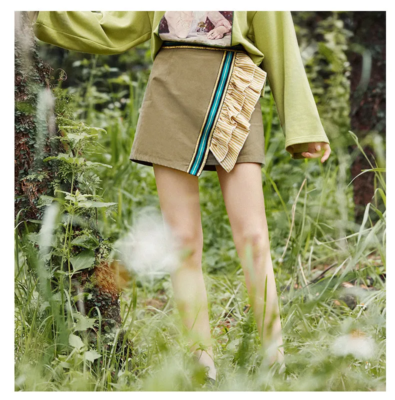JAM PRINCESS WRAP FRONT MINI SKIRT IN CAMO GREEN