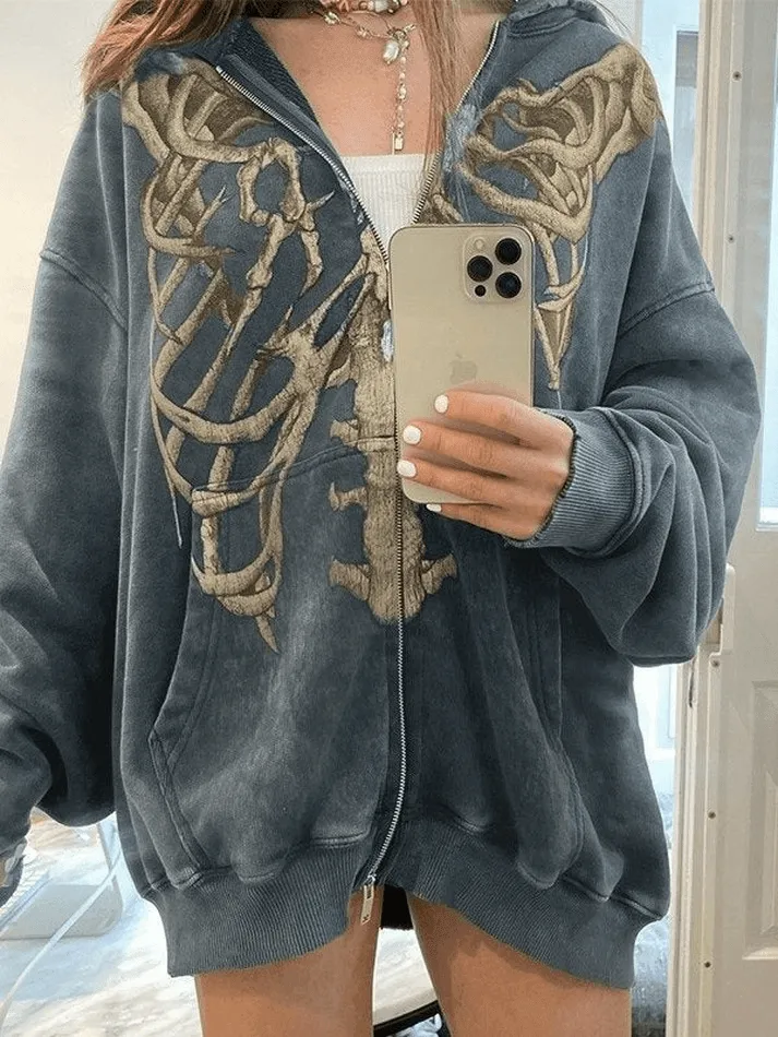 Joskaa Velvet Skeleton Graphic Zip Up Hoodie
