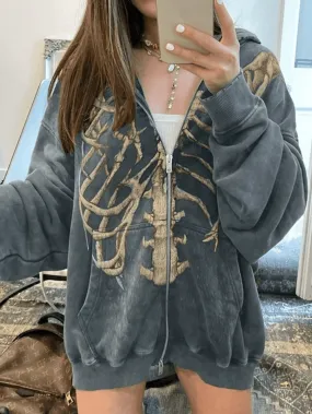 Joskaa Velvet Skeleton Graphic Zip Up Hoodie