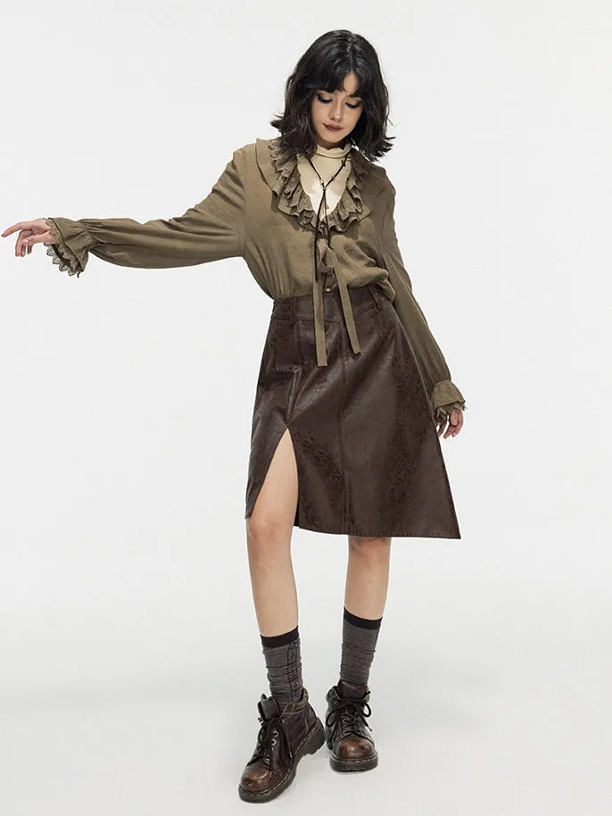 Leather Lace Asymmetry Middle Skirt