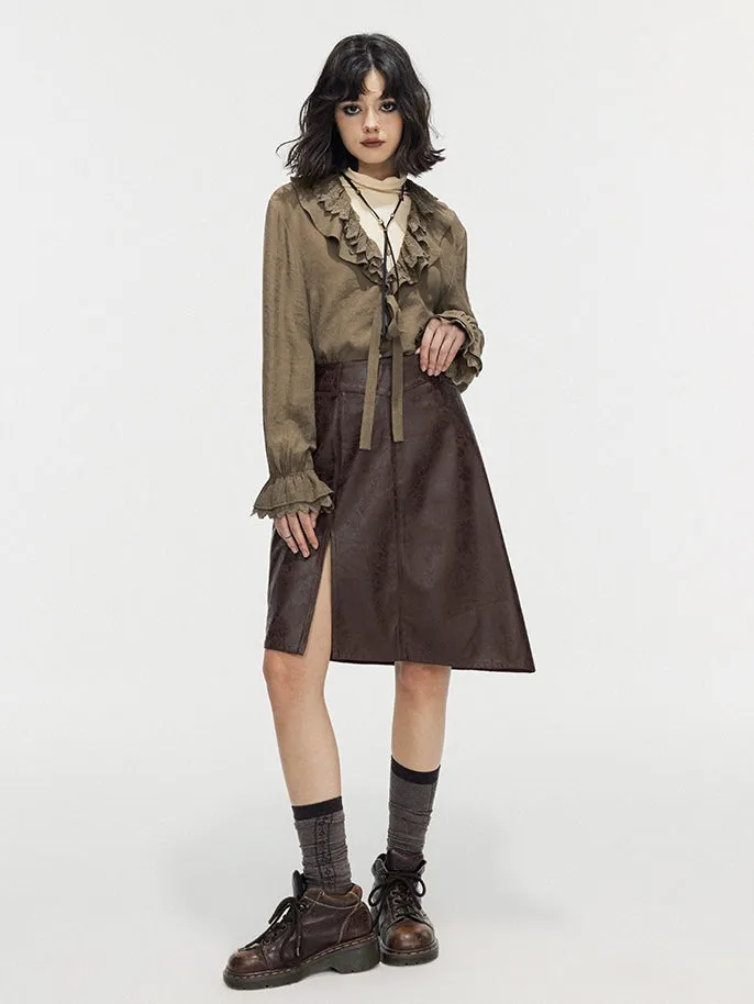Leather Lace Asymmetry Middle Skirt