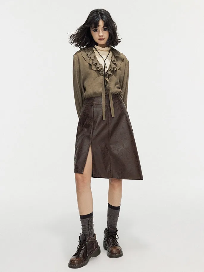 Leather Lace Asymmetry Middle Skirt