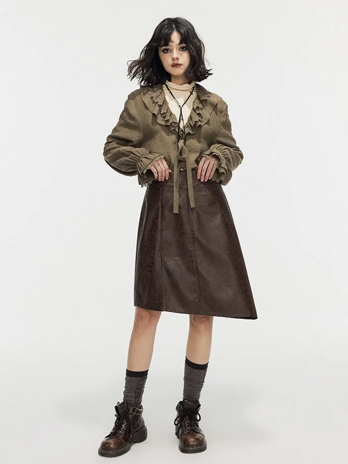 Leather Lace Asymmetry Middle Skirt