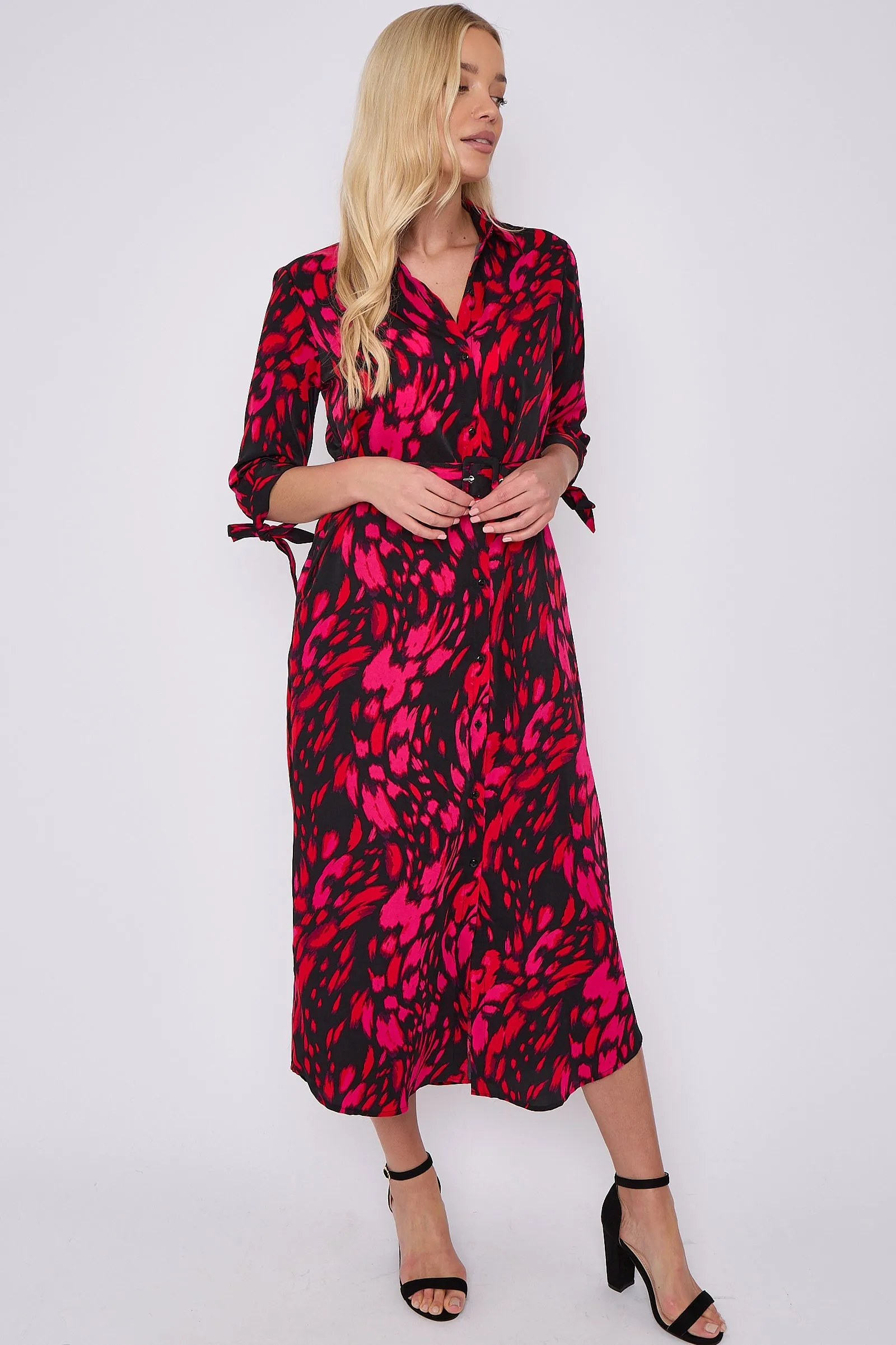 LOVE SUNSHINE Fuchsia Leopard Print Half Sleeve Belted Maxi Shirt Dress