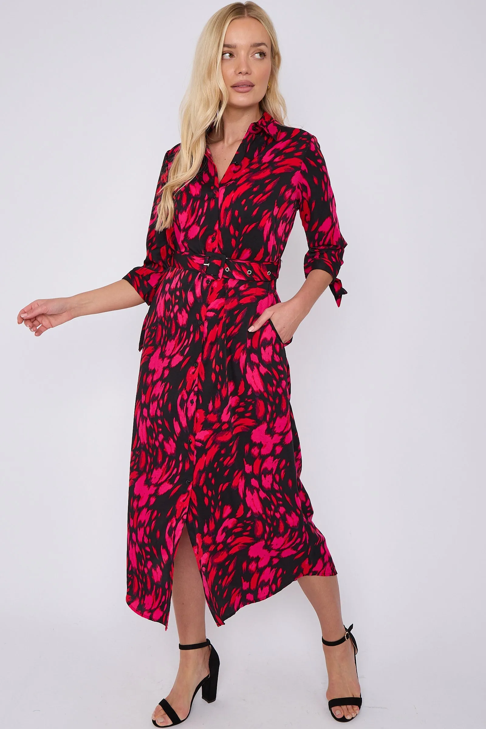 LOVE SUNSHINE Fuchsia Leopard Print Half Sleeve Belted Maxi Shirt Dress