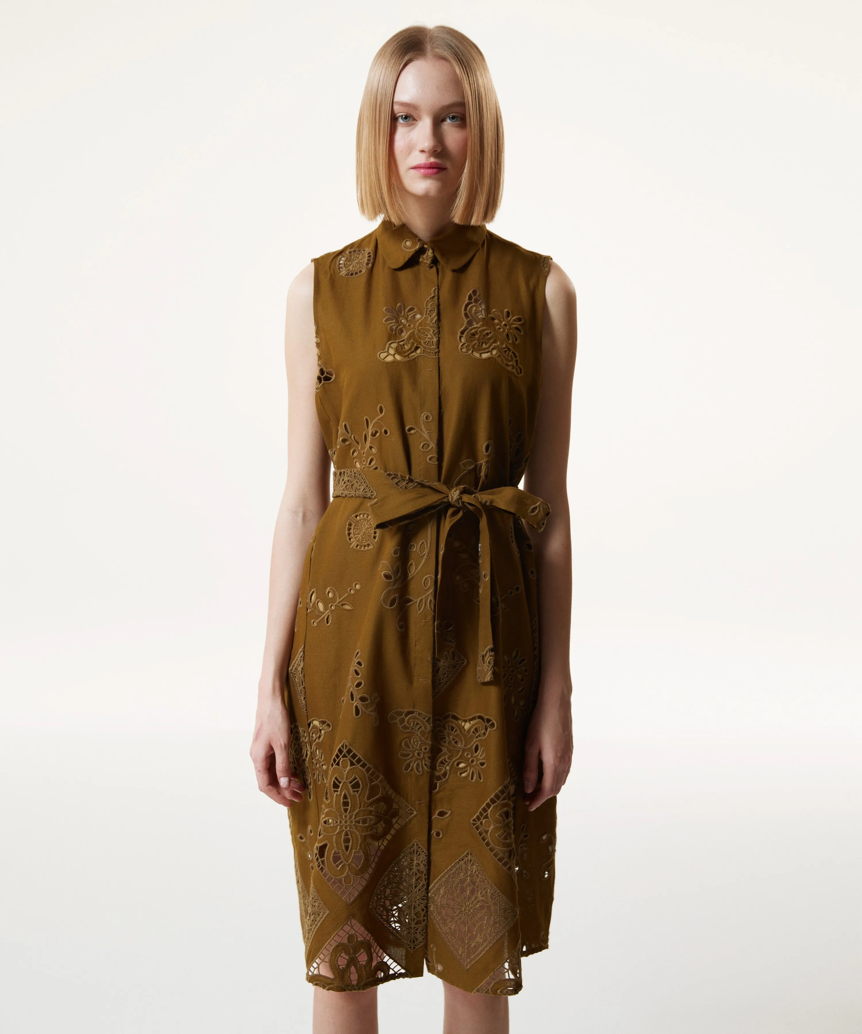 Machka Embroidered Belted Shirt Dress Olive
