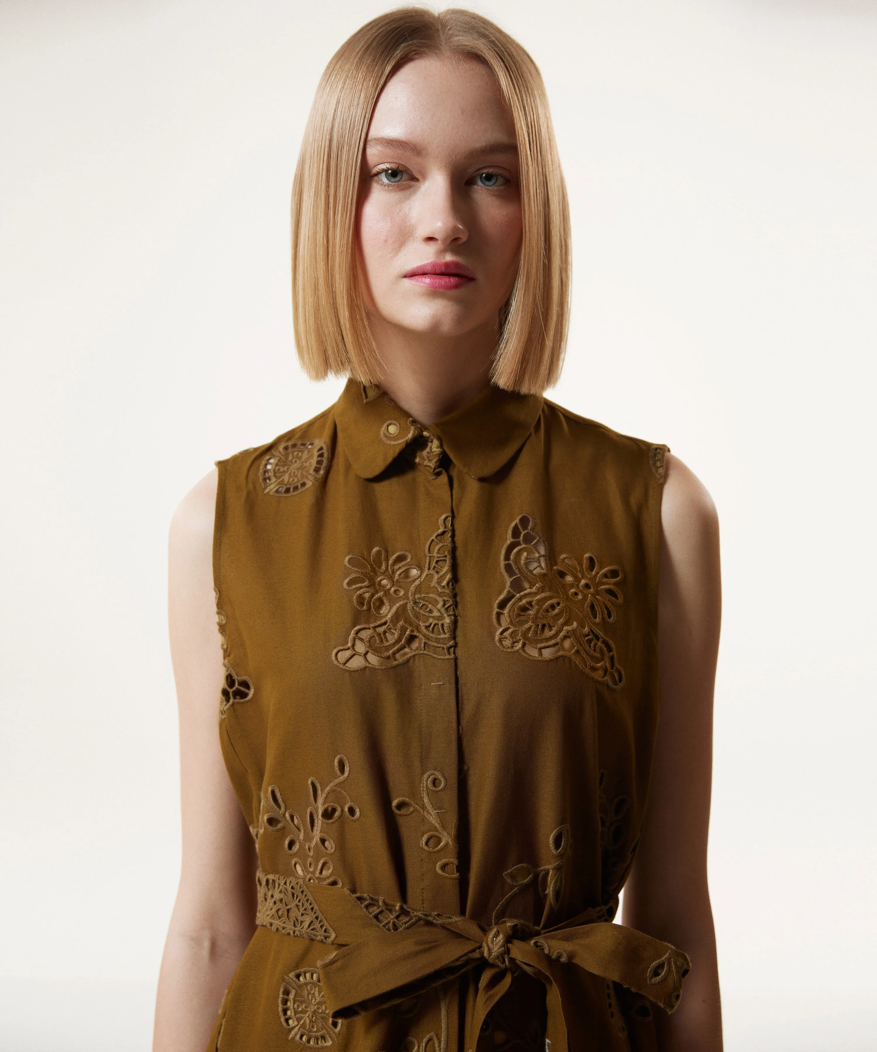 Machka Embroidered Belted Shirt Dress Olive