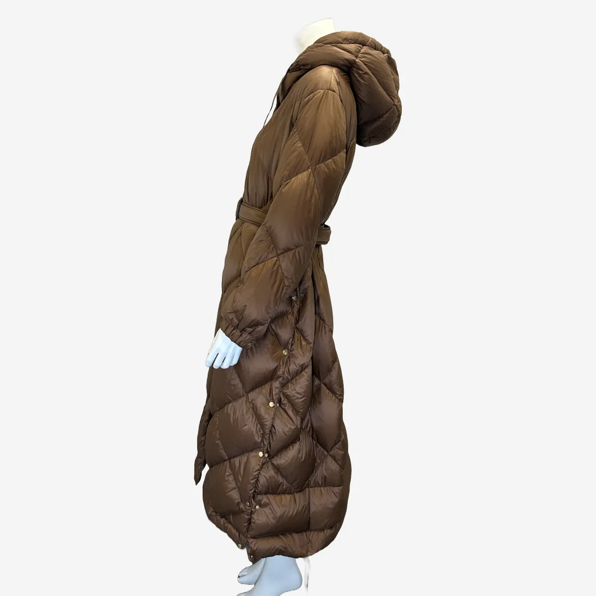 Max Mara brown quilted nylon down filled puffer belted coat with hood