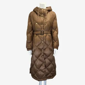 Max Mara brown quilted nylon down filled puffer belted coat with hood