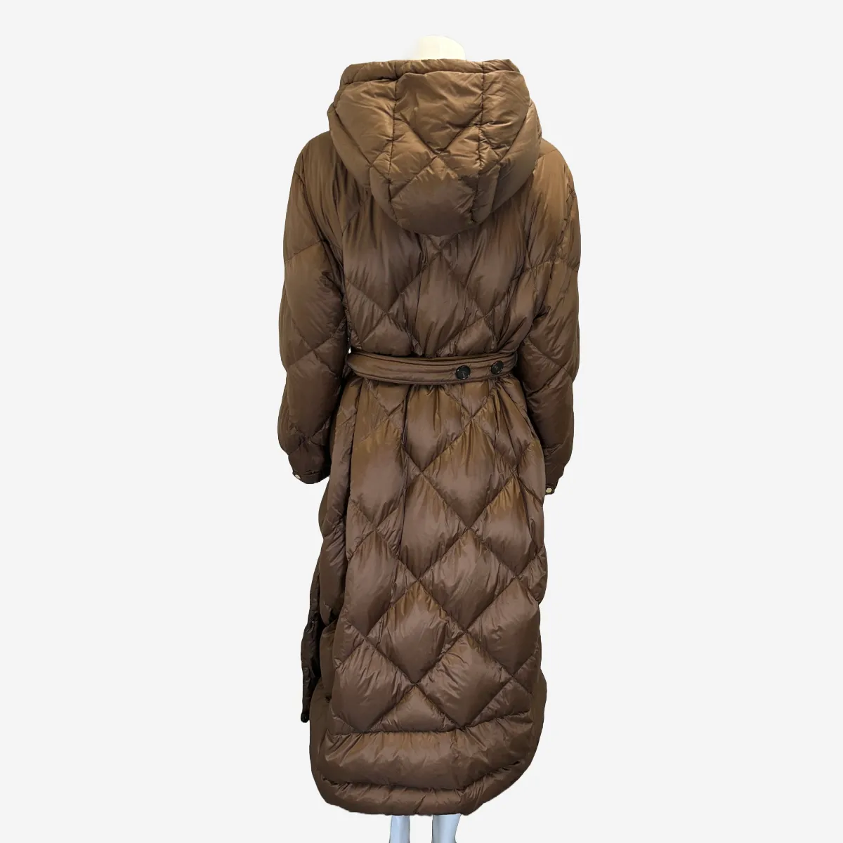 Max Mara brown quilted nylon down filled puffer belted coat with hood