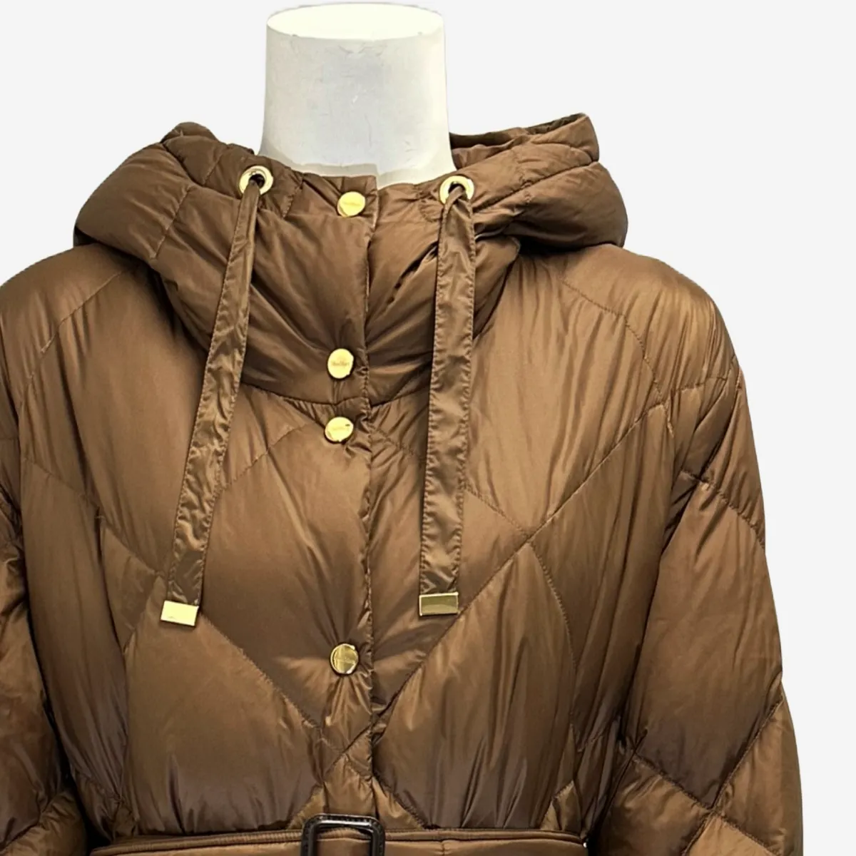 Max Mara brown quilted nylon down filled puffer belted coat with hood