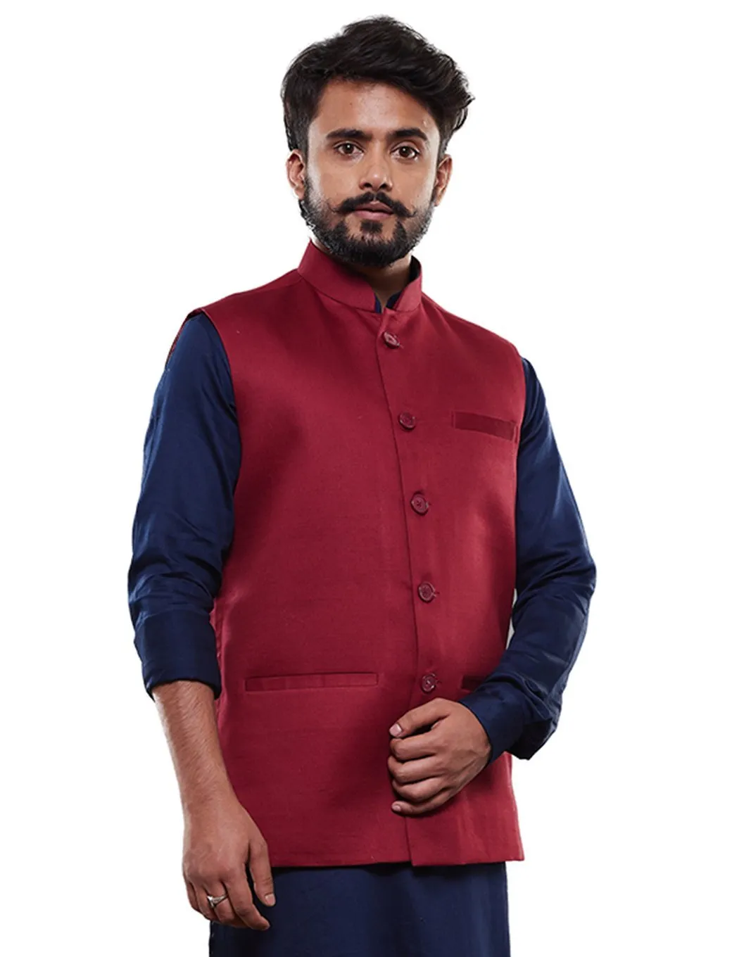 Men's Maroon Cotton Blend Nehru Jacket