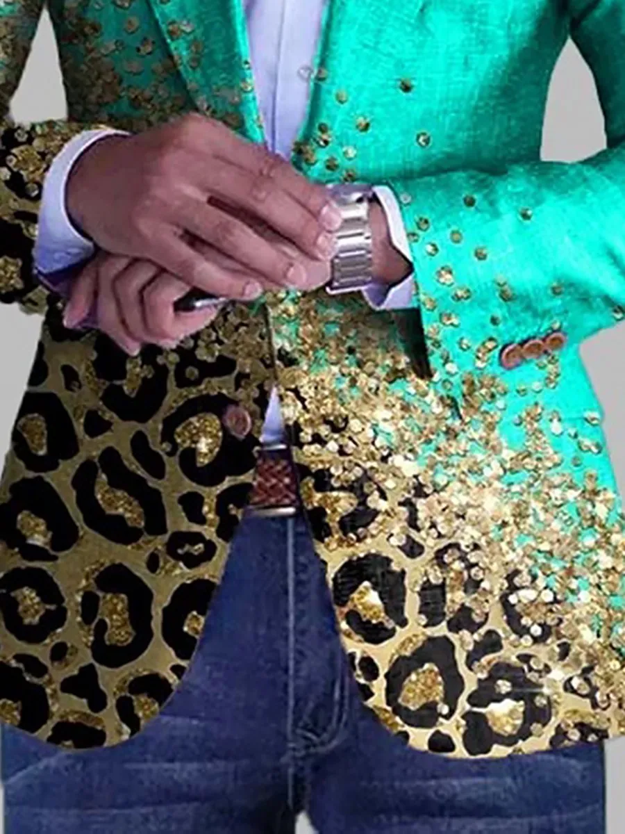 Men's Party Sequin Leopard Print Single Breasted Slim Fit Blazer