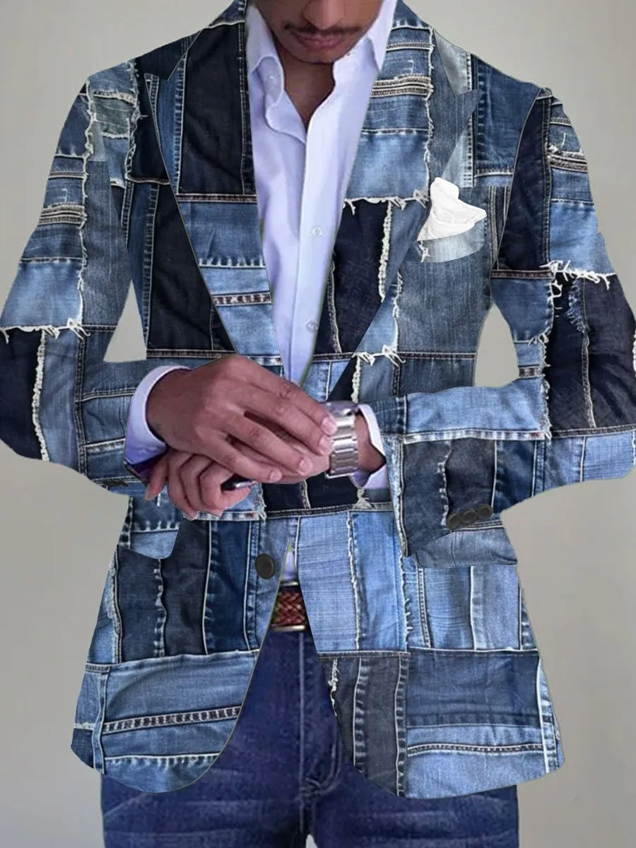 Men's Patchwork Denim Print Pocket Lapel Retro Casual Blazer
