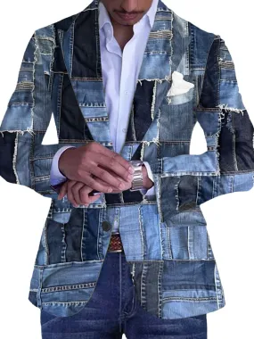 Men's Patchwork Denim Print Pocket Lapel Retro Casual Blazer