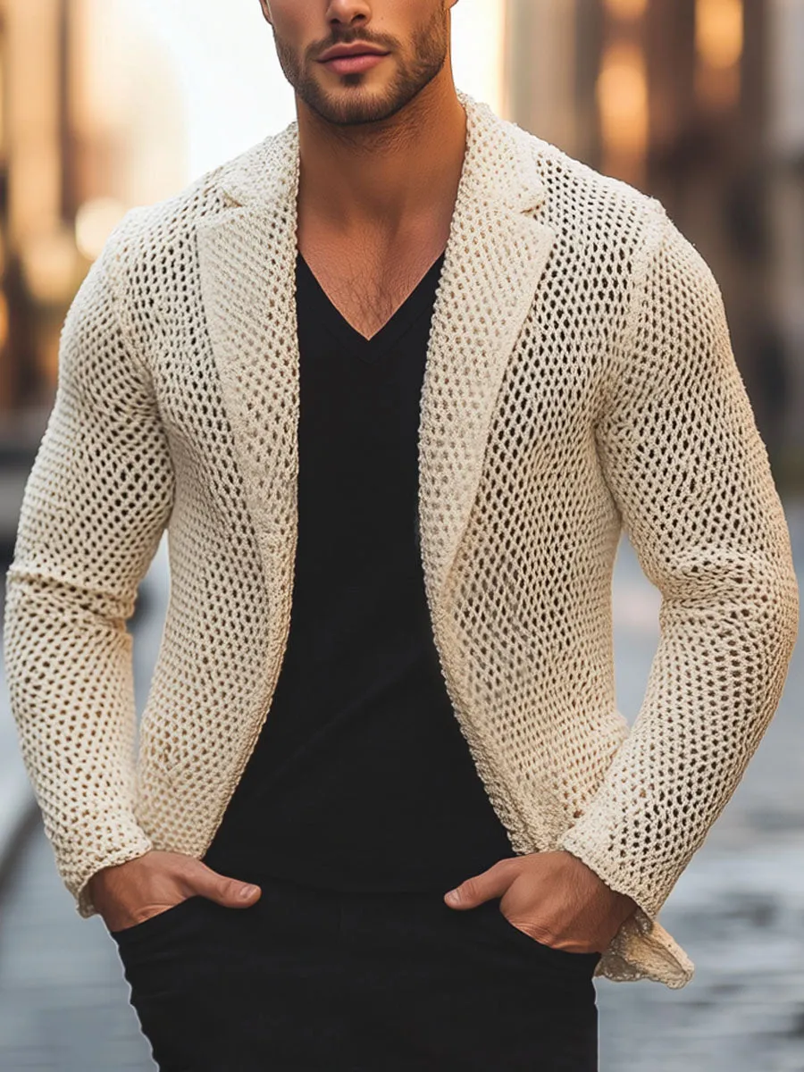 Men's Solid Color Mesh Lapel Knitted Blazer