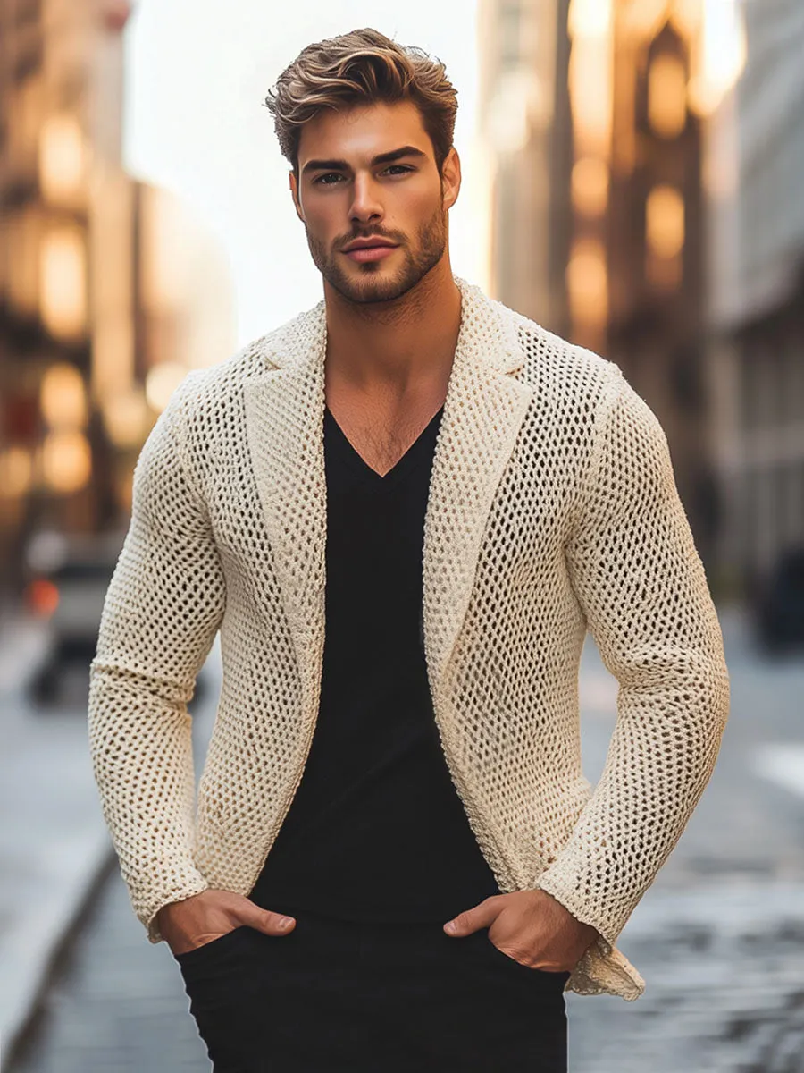 Men's Solid Color Mesh Lapel Knitted Blazer