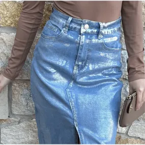 Metallica Front Slit Metallic Midi Denim Skirt