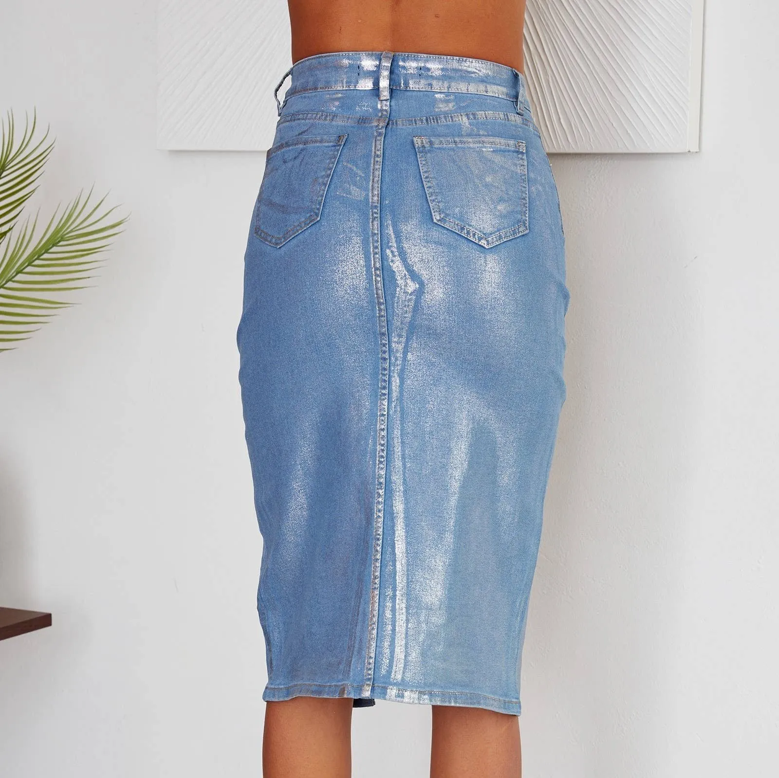 Metallica Front Slit Metallic Midi Denim Skirt