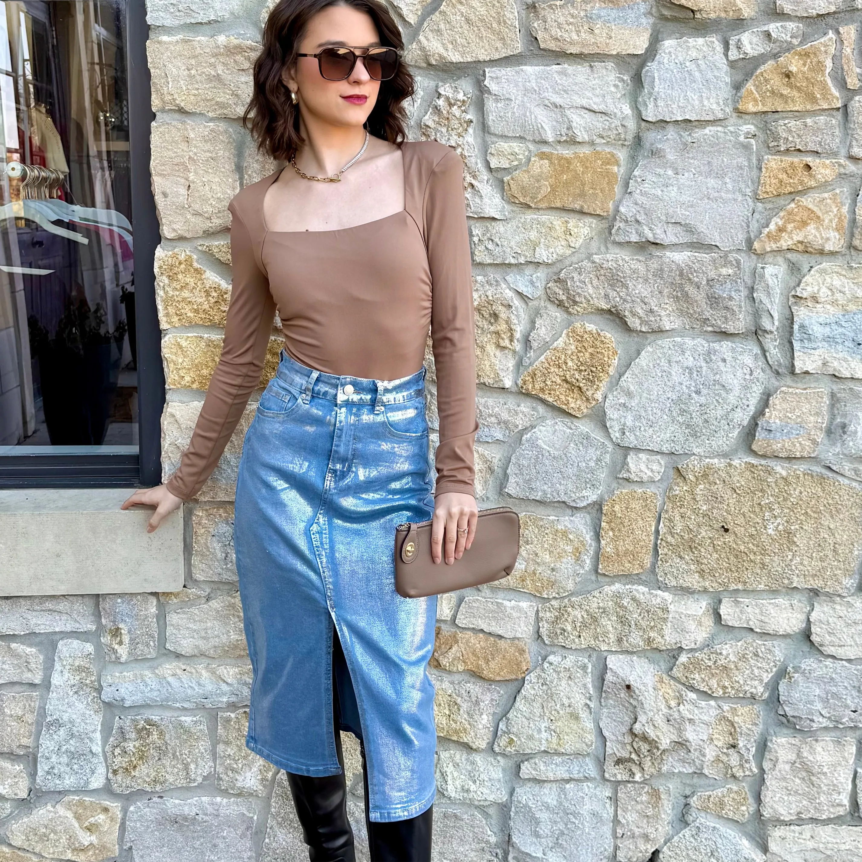Metallica Front Slit Metallic Midi Denim Skirt